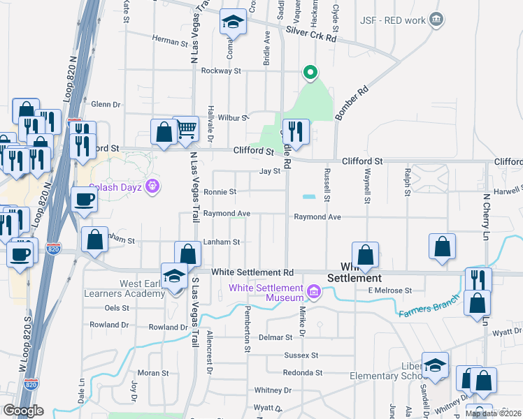 map of restaurants, bars, coffee shops, grocery stores, and more near 8444 Raymond Avenue in Fort Worth