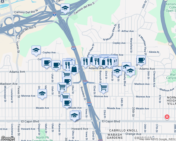 map of restaurants, bars, coffee shops, grocery stores, and more near 3165 Adams Avenue in San Diego