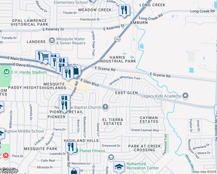 map of restaurants, bars, coffee shops, grocery stores, and more near 1501 East Glen Boulevard in Mesquite
