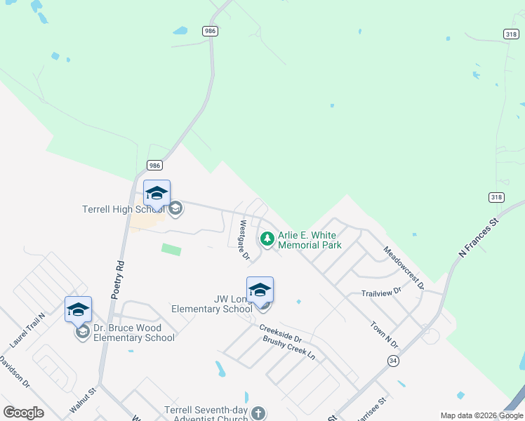 map of restaurants, bars, coffee shops, grocery stores, and more near 1803 Eastgate Drive in Terrell