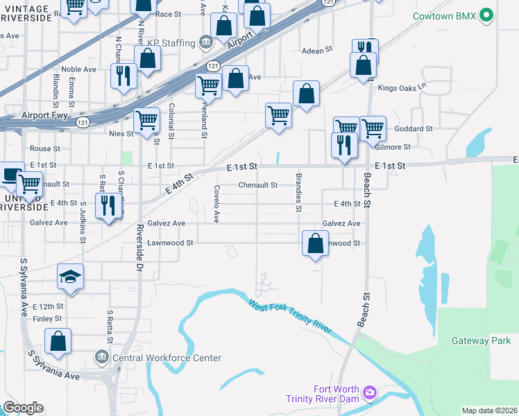 map of restaurants, bars, coffee shops, grocery stores, and more near 3700 East 4th Street in Fort Worth