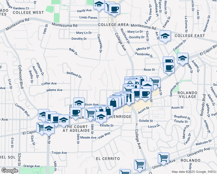 map of restaurants, bars, coffee shops, grocery stores, and more near 4711 59th Street in San Diego