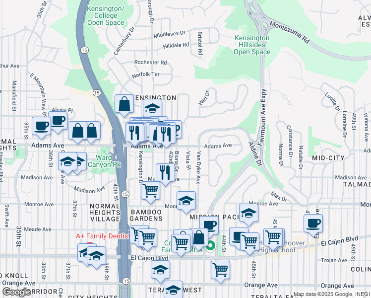 map of restaurants, bars, coffee shops, grocery stores, and more near 4688 Vista Street in San Diego