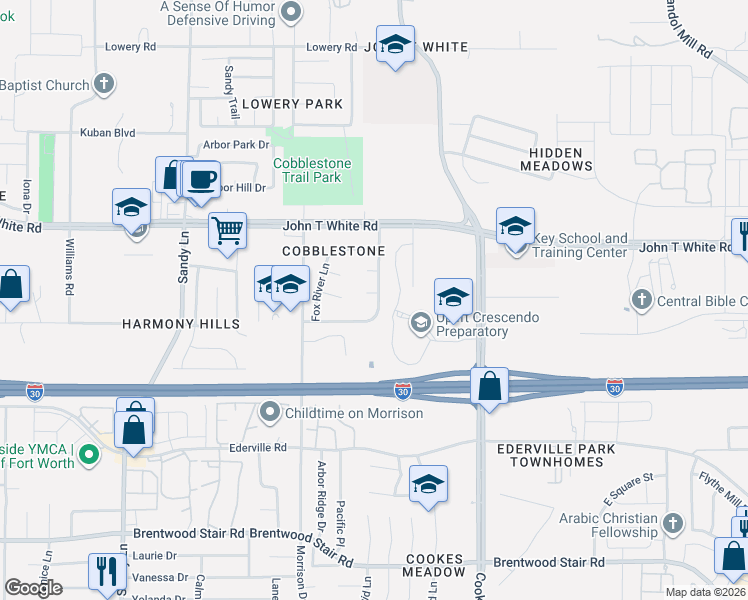 map of restaurants, bars, coffee shops, grocery stores, and more near 7662 Blue Carriage Court in Fort Worth