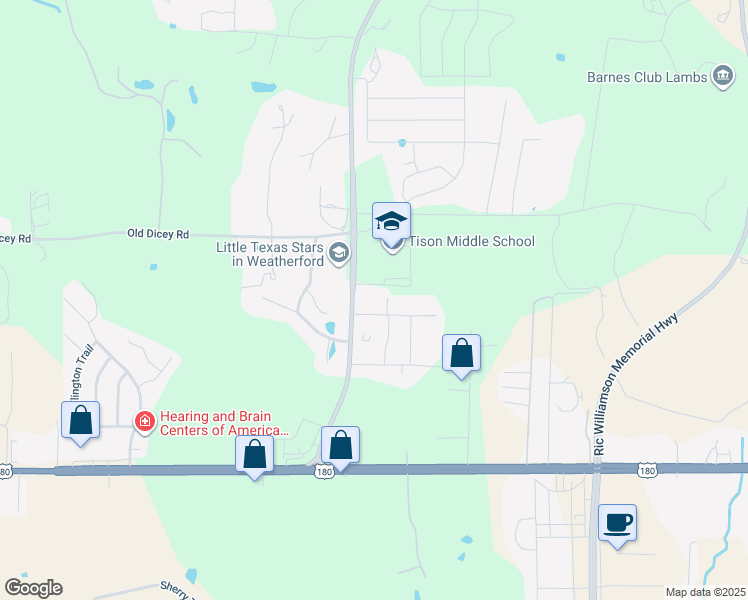 map of restaurants, bars, coffee shops, grocery stores, and more near 2111 Holly Oaks Lane in Weatherford