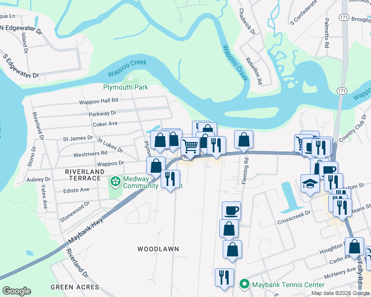 map of restaurants, bars, coffee shops, grocery stores, and more near 1983 Frampton Avenue in Charleston