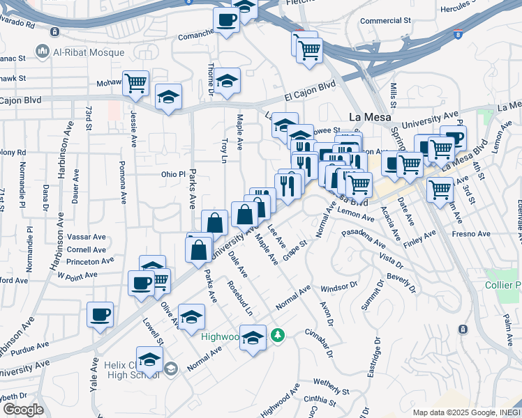 map of restaurants, bars, coffee shops, grocery stores, and more near 4632 Lee Avenue in La Mesa