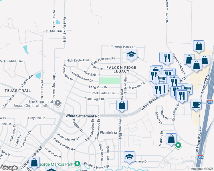 map of restaurants, bars, coffee shops, grocery stores, and more near 9932 Long Rifle Drive in Fort Worth