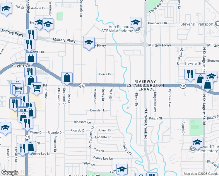 map of restaurants, bars, coffee shops, grocery stores, and more near 2965 Etta Drive in Dallas