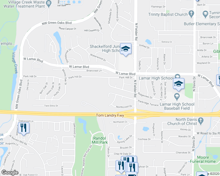 map of restaurants, bars, coffee shops, grocery stores, and more near 1728 Ridgeview Drive in Arlington