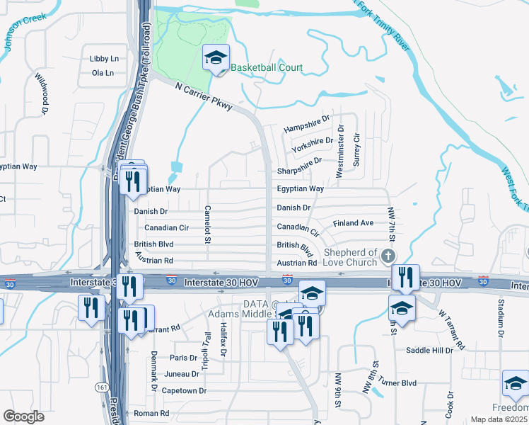 map of restaurants, bars, coffee shops, grocery stores, and more near 1001 Danish Drive in Grand Prairie