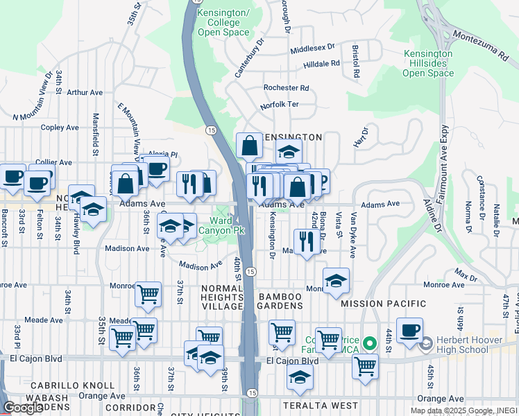 map of restaurants, bars, coffee shops, grocery stores, and more near 4067 Adams Avenue in San Diego
