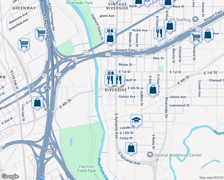 map of restaurants, bars, coffee shops, grocery stores, and more near 2504 East 4th Street in Fort Worth