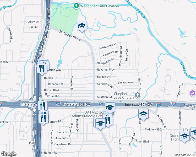 map of restaurants, bars, coffee shops, grocery stores, and more near 913 Danish Drive in Grand Prairie
