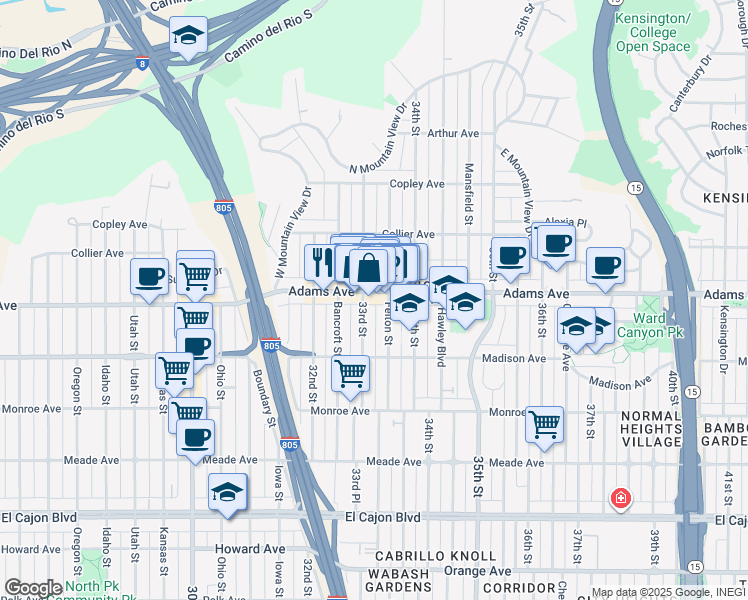 map of restaurants, bars, coffee shops, grocery stores, and more near 4688 33rd Street in San Diego