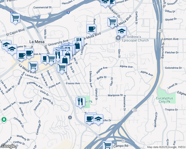 map of restaurants, bars, coffee shops, grocery stores, and more near 8524 Alpine Avenue in La Mesa