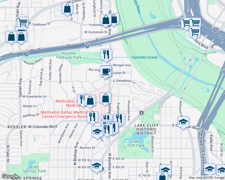 map of restaurants, bars, coffee shops, grocery stores, and more near 1520 North Beckley Avenue in Dallas