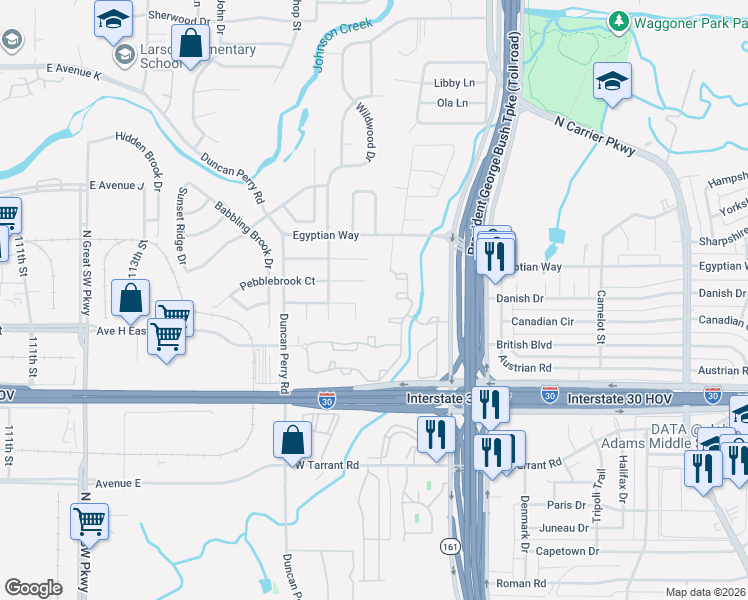 map of restaurants, bars, coffee shops, grocery stores, and more near 1518 Canterbury Court in Grand Prairie