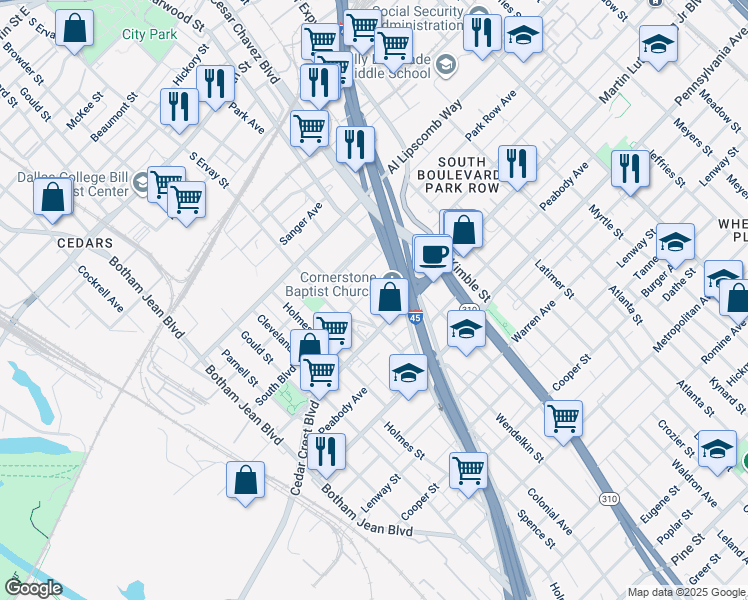map of restaurants, bars, coffee shops, grocery stores, and more near 1814 South Boulevard in Dallas