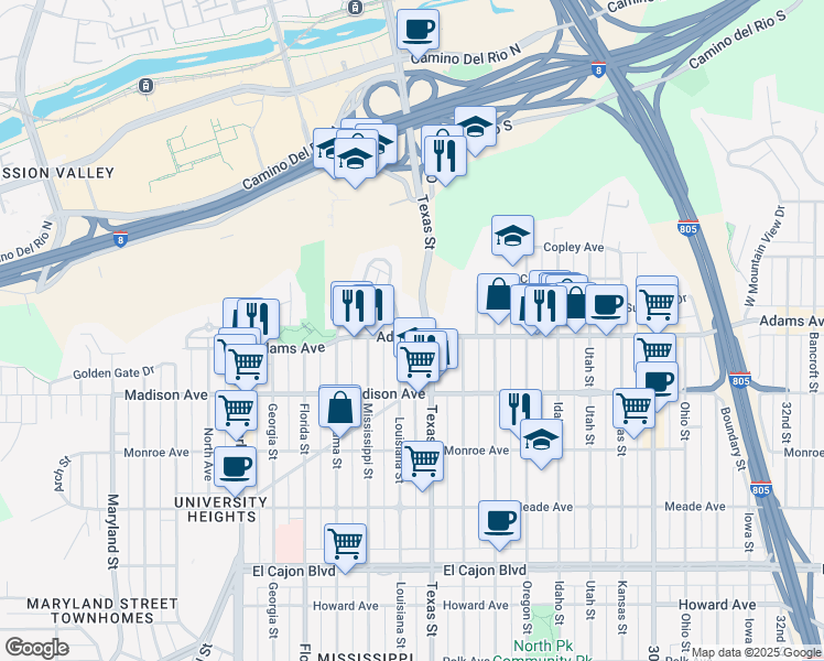 map of restaurants, bars, coffee shops, grocery stores, and more near 2320 Adams Avenue in San Diego
