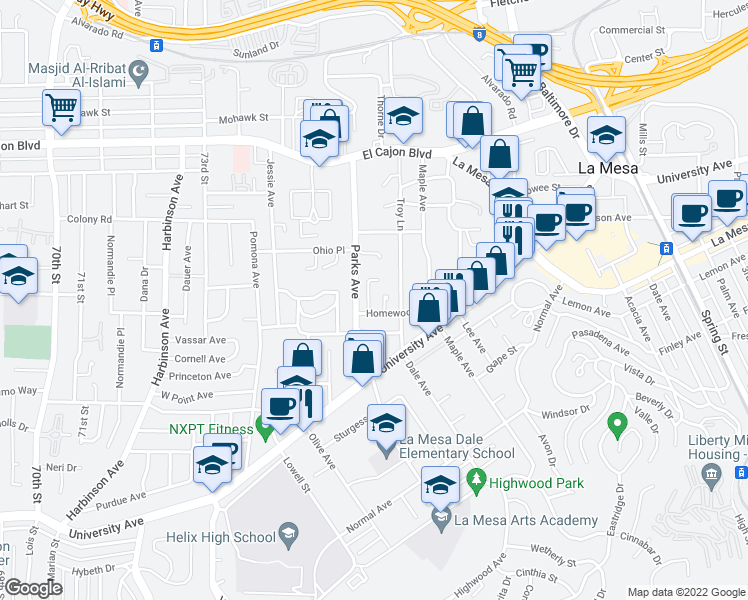 map of restaurants, bars, coffee shops, grocery stores, and more near 7646 Homewood Place in La Mesa