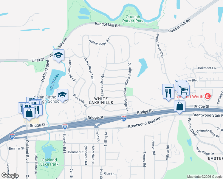 map of restaurants, bars, coffee shops, grocery stores, and more near 4917 Rock River Drive in Fort Worth