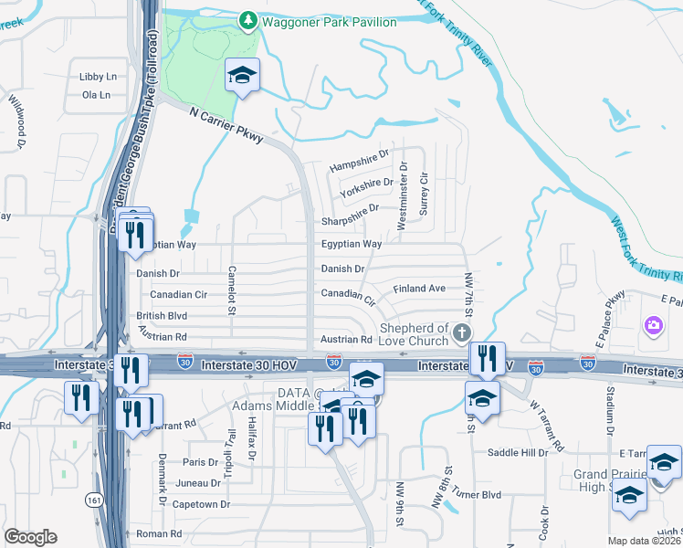 map of restaurants, bars, coffee shops, grocery stores, and more near 913 Danish Drive in Grand Prairie