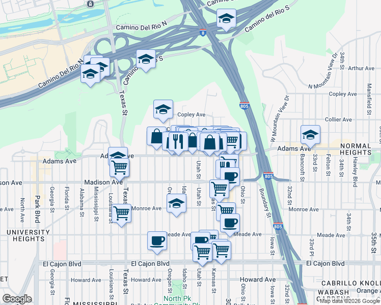 map of restaurants, bars, coffee shops, grocery stores, and more near 2820 Adams Avenue in San Diego
