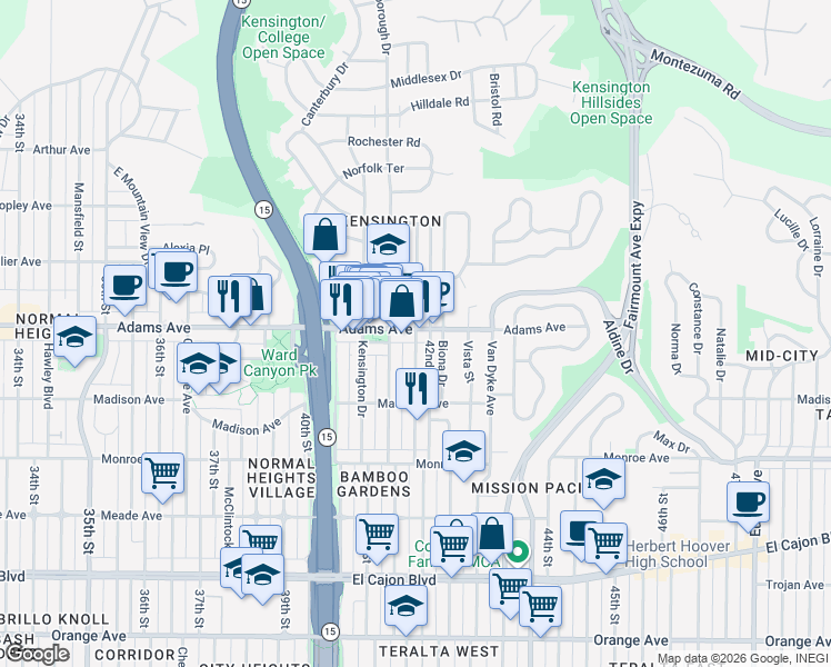 map of restaurants, bars, coffee shops, grocery stores, and more near 4175 Adams Avenue in San Diego