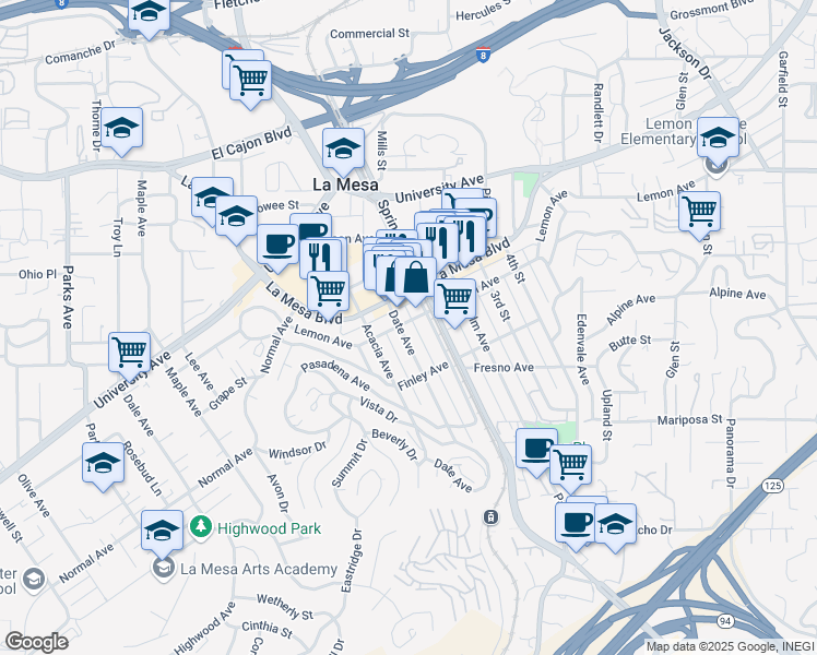 map of restaurants, bars, coffee shops, grocery stores, and more near 4670 Date Avenue in La Mesa