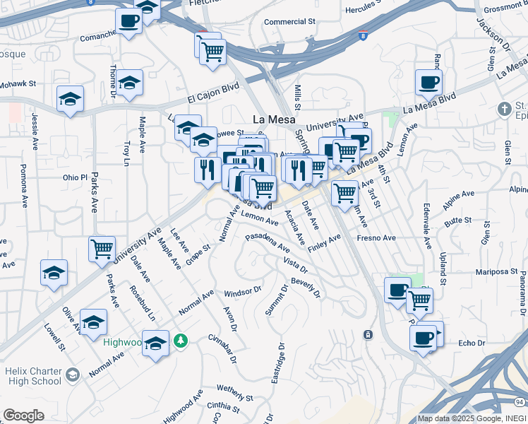 map of restaurants, bars, coffee shops, grocery stores, and more near 8072 Fairview Avenue in La Mesa