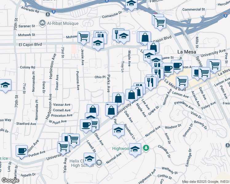 map of restaurants, bars, coffee shops, grocery stores, and more near 7646 Homewood Place in La Mesa