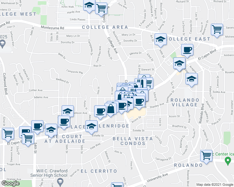 map of restaurants, bars, coffee shops, grocery stores, and more near 4713 Soria Drive in San Diego