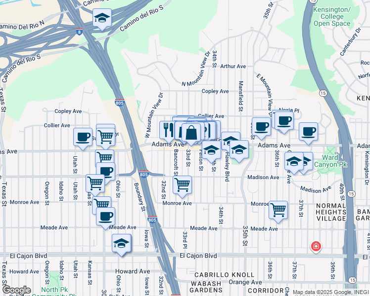 map of restaurants, bars, coffee shops, grocery stores, and more near 4688 33rd Street in San Diego