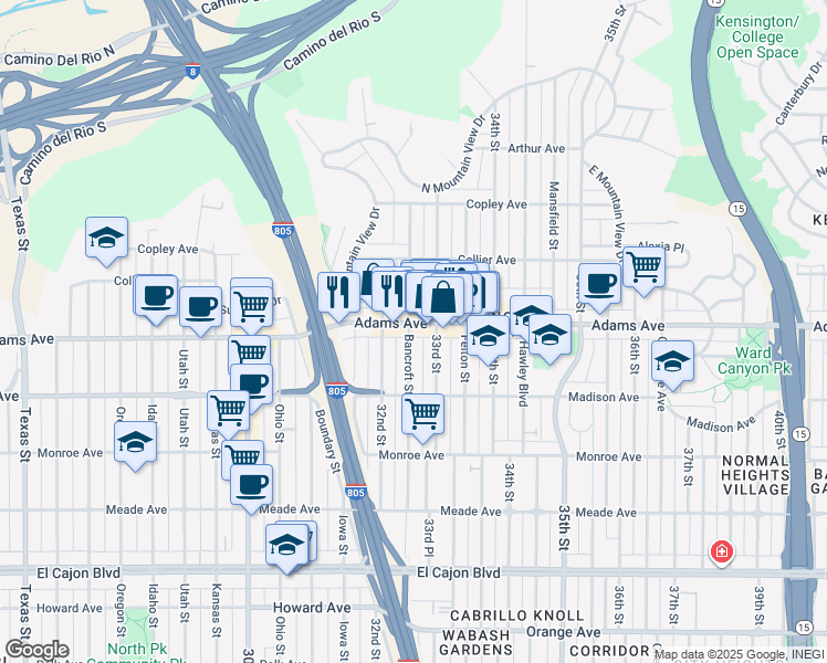 map of restaurants, bars, coffee shops, grocery stores, and more near 3211 Adams Avenue in San Diego