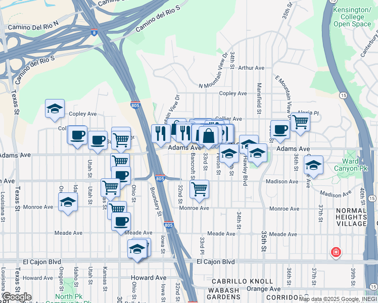 map of restaurants, bars, coffee shops, grocery stores, and more near 3211 Adams Avenue in San Diego