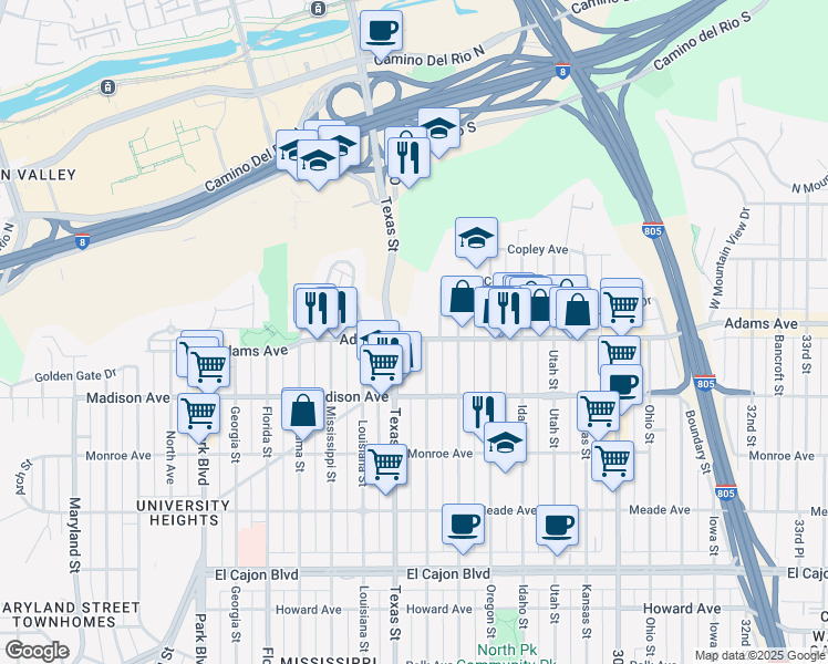 map of restaurants, bars, coffee shops, grocery stores, and more near 2 Adams Avenue in San Diego