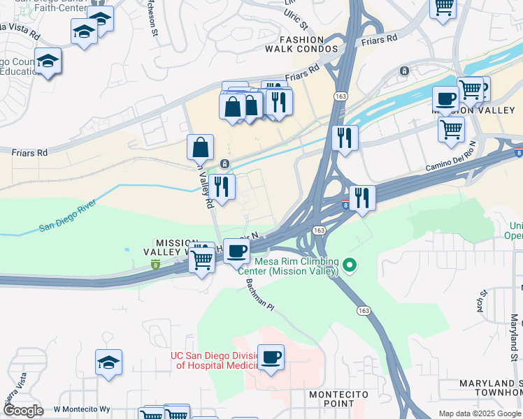 map of restaurants, bars, coffee shops, grocery stores, and more near 123 Camino De La Reina in San Diego