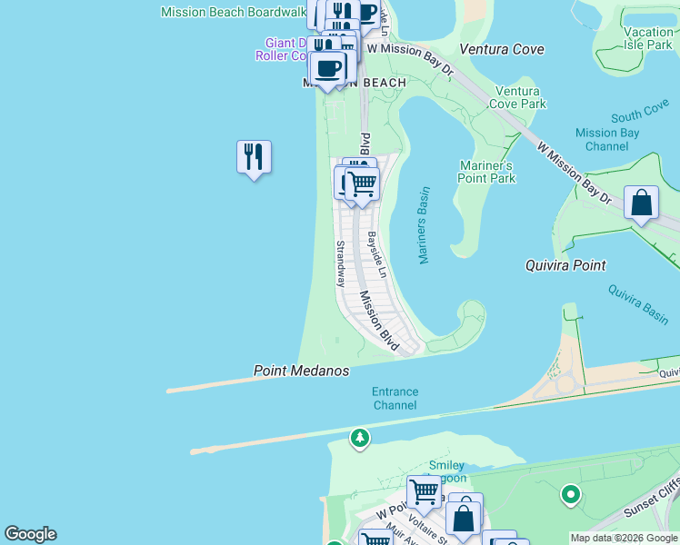 map of restaurants, bars, coffee shops, grocery stores, and more near 2742 Strandway in San Diego