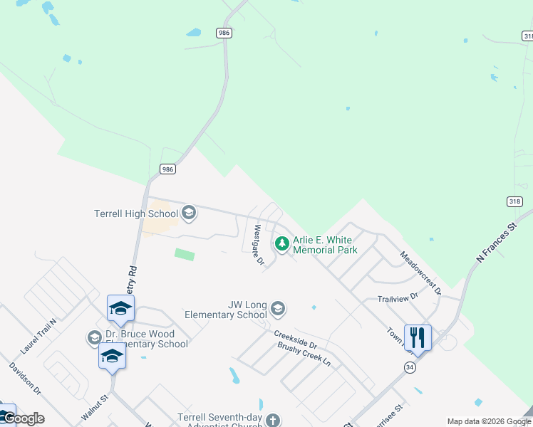 map of restaurants, bars, coffee shops, grocery stores, and more near 1803 Eastgate Drive in Terrell