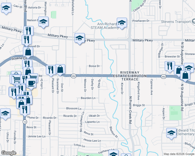 map of restaurants, bars, coffee shops, grocery stores, and more near 2965 Etta Drive in Dallas