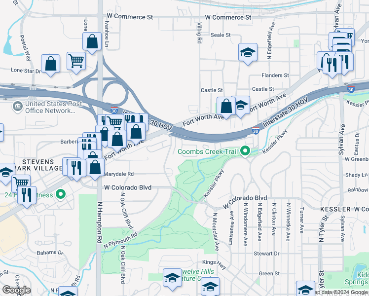 map of restaurants, bars, coffee shops, grocery stores, and more near 1442 Winding Brook Circle in Dallas