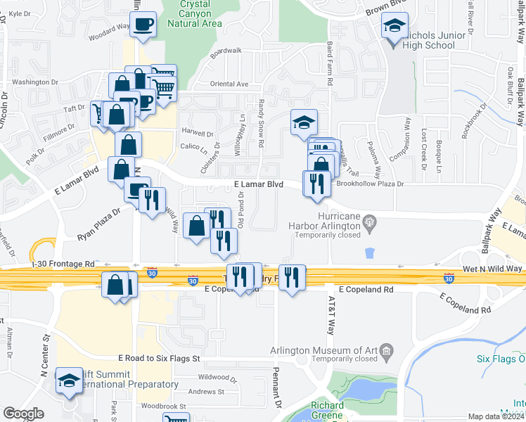 map of restaurants, bars, coffee shops, grocery stores, and more near 1837 Carriage House Circle in Arlington