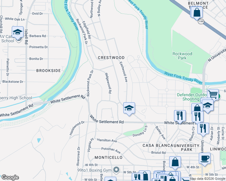 map of restaurants, bars, coffee shops, grocery stores, and more near 316 Ridgewood Road in Fort Worth