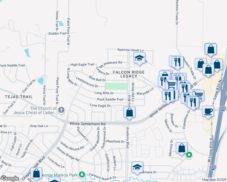 map of restaurants, bars, coffee shops, grocery stores, and more near 9932 Long Rifle Drive in Fort Worth