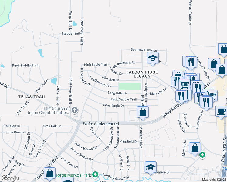 map of restaurants, bars, coffee shops, grocery stores, and more near 10024 Long Rifle Drive in Fort Worth