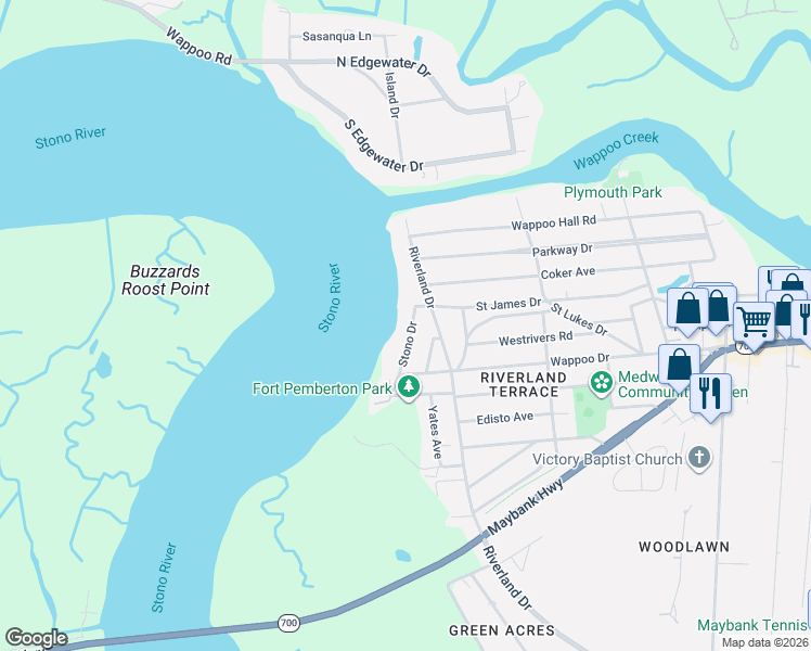 map of restaurants, bars, coffee shops, grocery stores, and more near 311 Stono Drive in Charleston