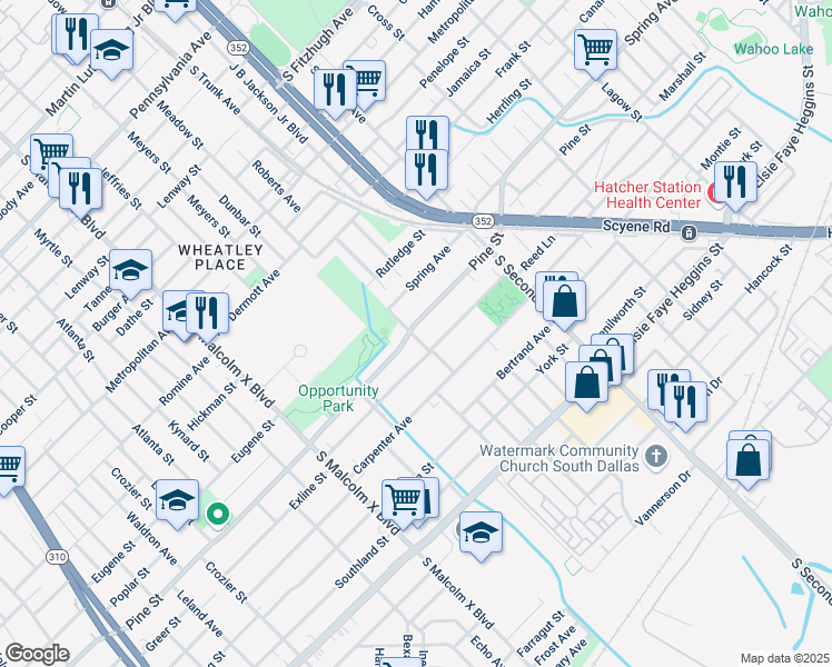 map of restaurants, bars, coffee shops, grocery stores, and more near 3202 Pine Street in Dallas