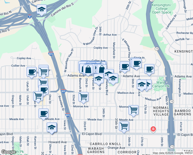 map of restaurants, bars, coffee shops, grocery stores, and more near 3375 Adams Avenue in San Diego