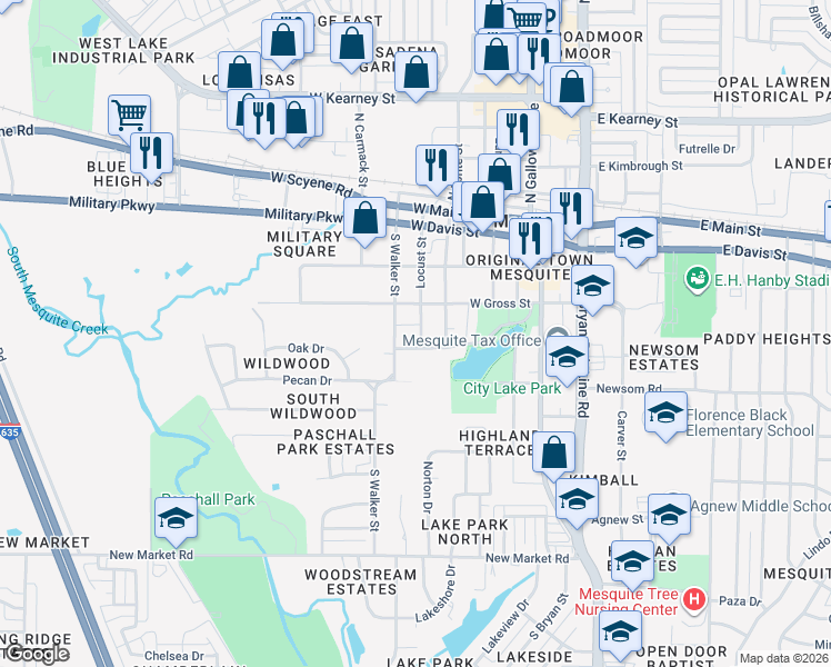 map of restaurants, bars, coffee shops, grocery stores, and more near 425 ⛉ South Locust Street in Mesquite